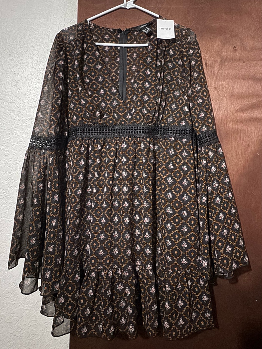 NWT Forever 21 Black Floral Lace-Trim Bell Sleeve Mini Dress